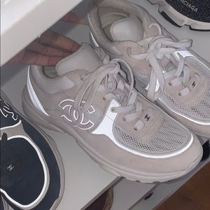 white reflective chanel trainers